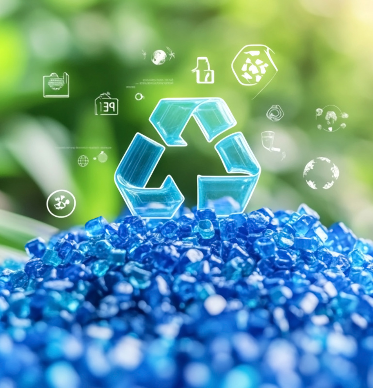 Recycling-Symbol über einem Haufen blauer Kunststoffpellets 