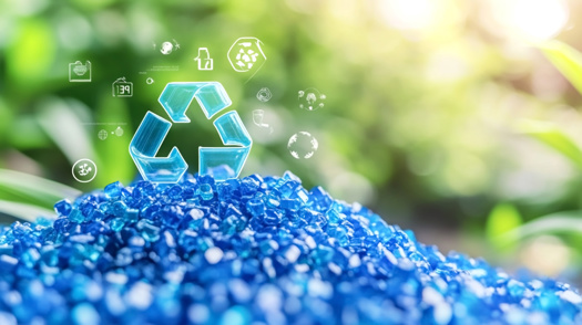 Recycling-Symbol über einem Haufen blauer Kunststoffpellets 